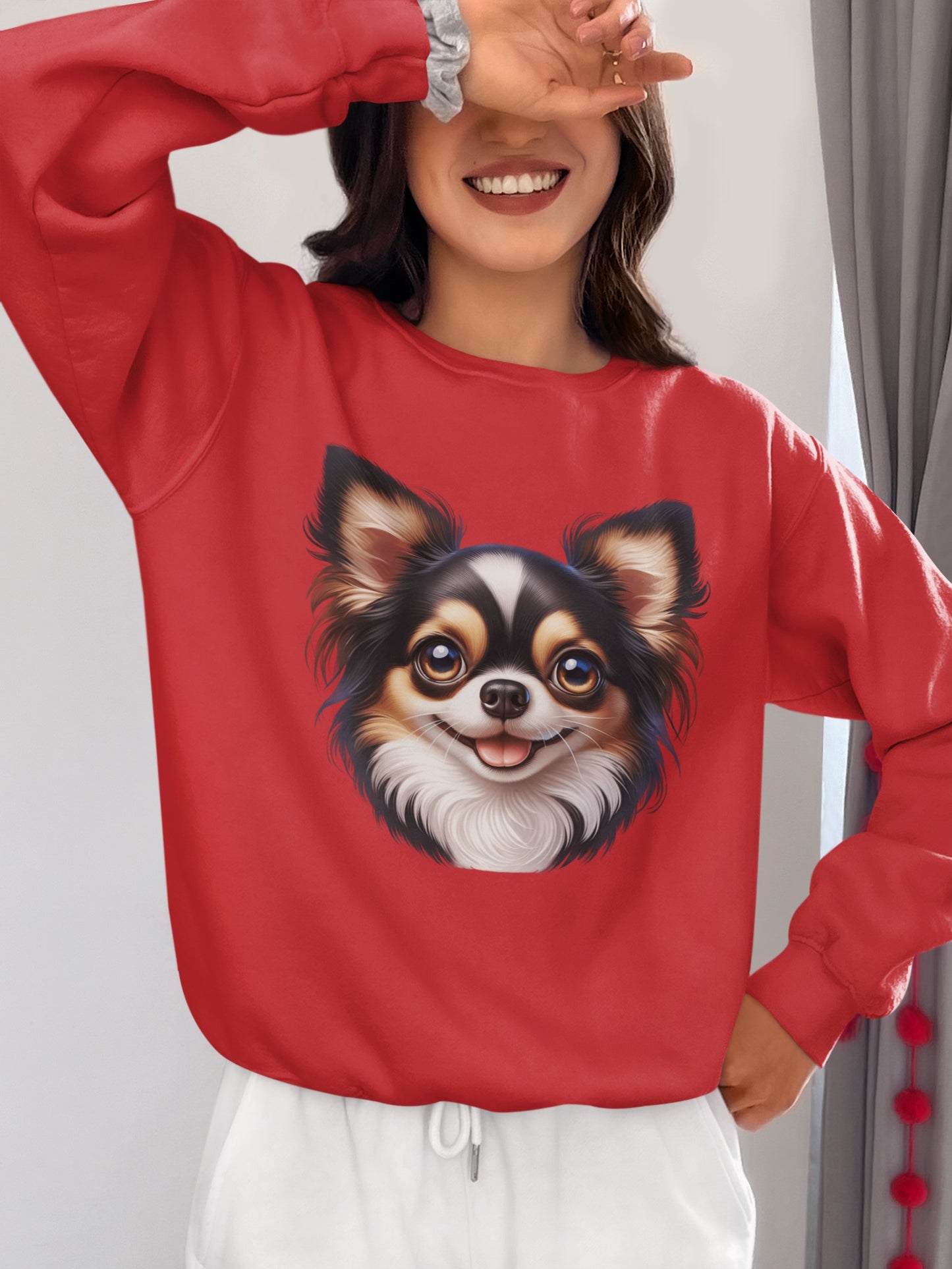 Chihuahua Tricolor Long Coat Cartoon Design Crewneck Sweatshirt