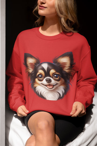 Chihuahua Tricolor Long Coat Cartoon Design Crewneck Sweatshirt