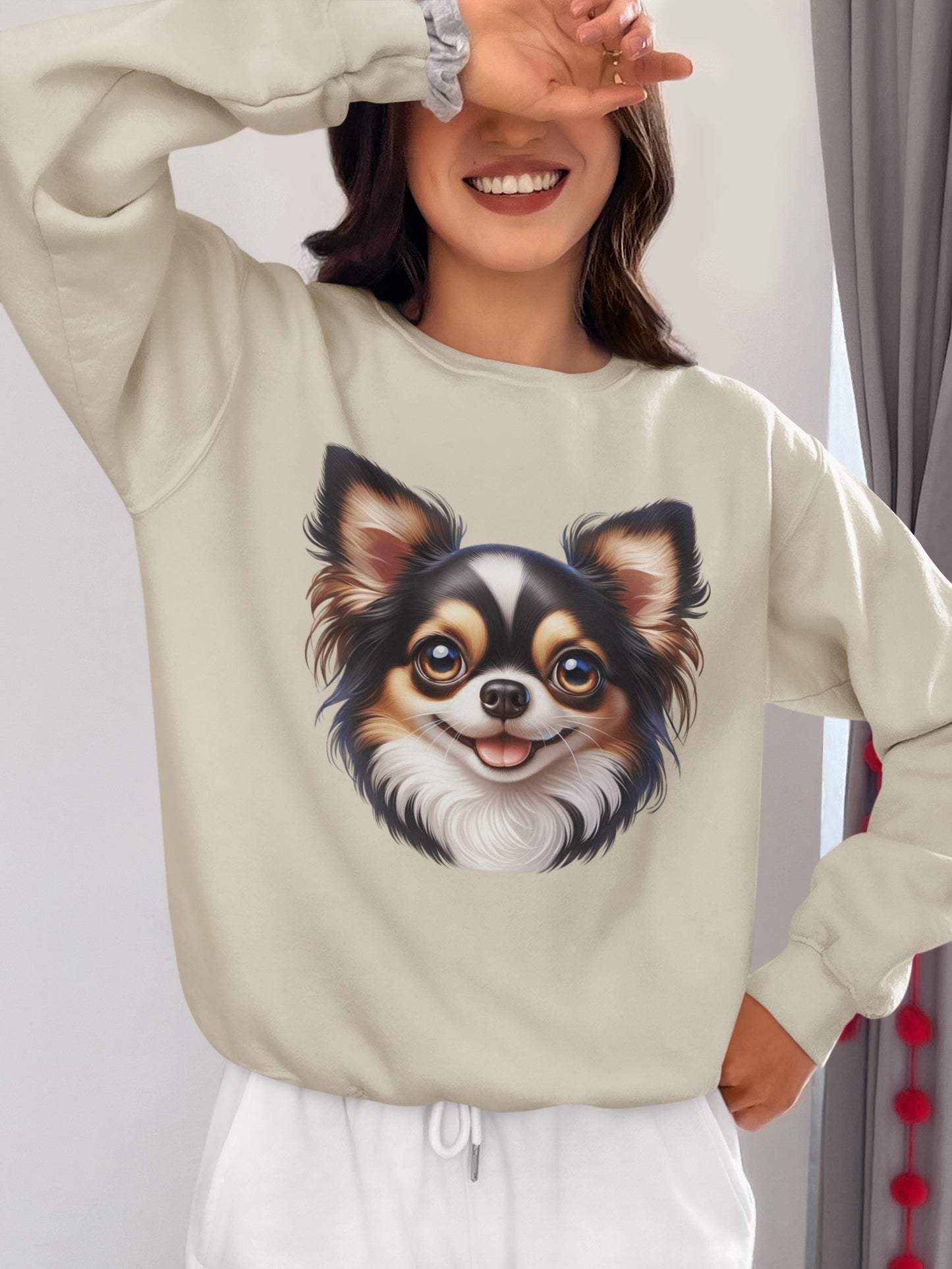 Chihuahua Tricolor Long Coat Cartoon Design Crewneck Sweatshirt