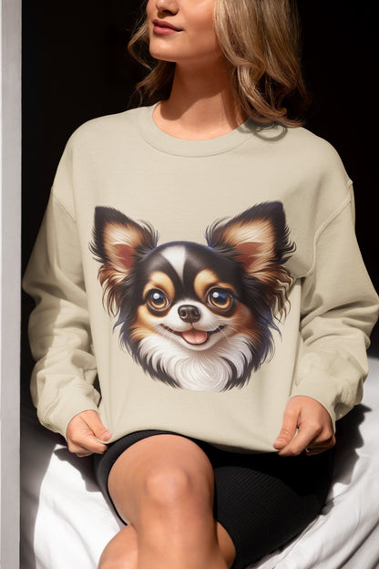 Chihuahua Tricolor Long Coat Cartoon Design Crewneck Sweatshirt