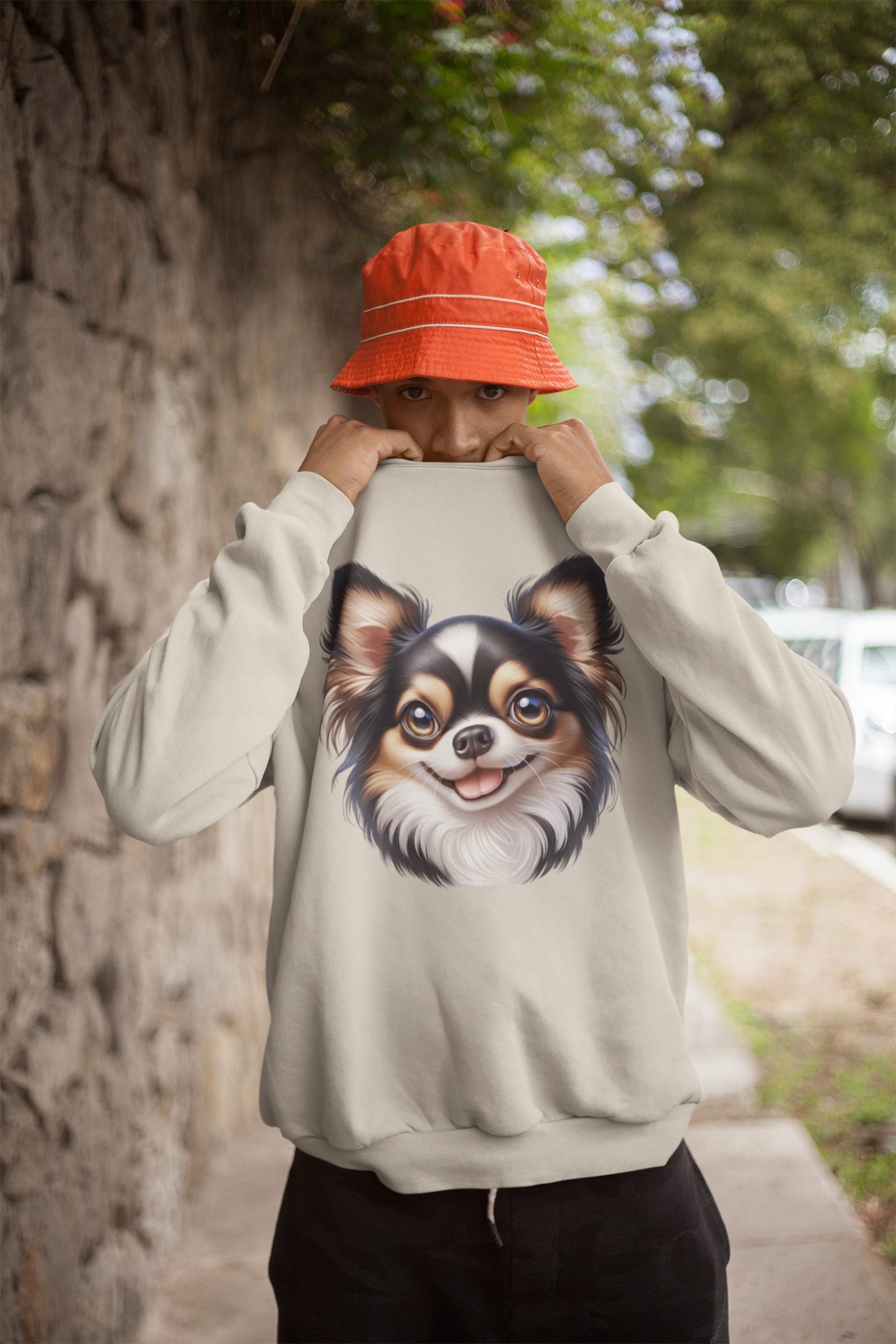 Chihuahua Tricolor Long Coat Cartoon Design Crewneck Sweatshirt