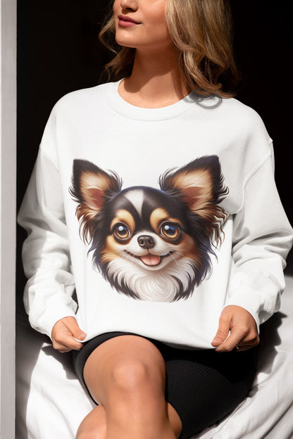 Chihuahua Tricolor Long Coat Cartoon Design Crewneck Sweatshirt