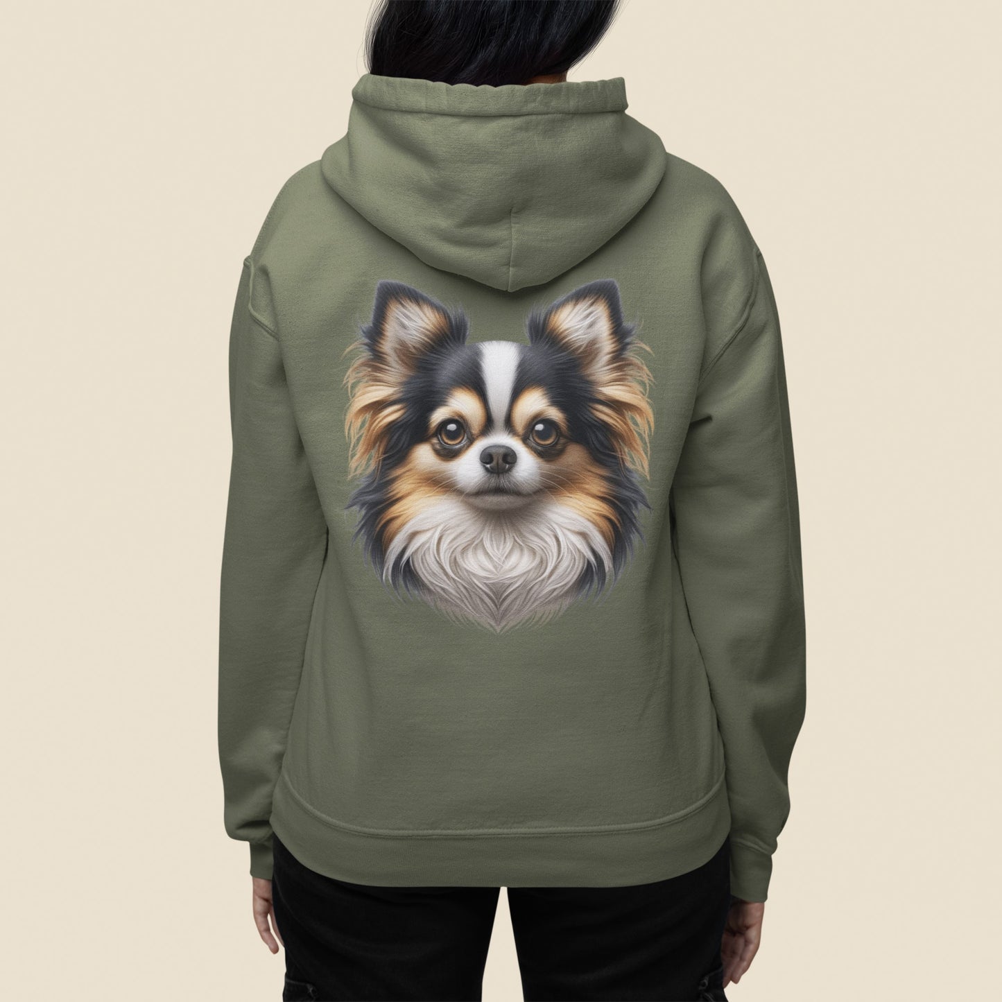 Chihuahua Tricolor Long Coat Realistic Back Print Hoodie
