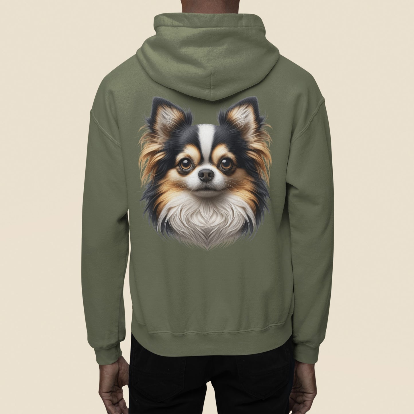 Chihuahua Tricolor Long Coat Realistic Back Print Hoodie