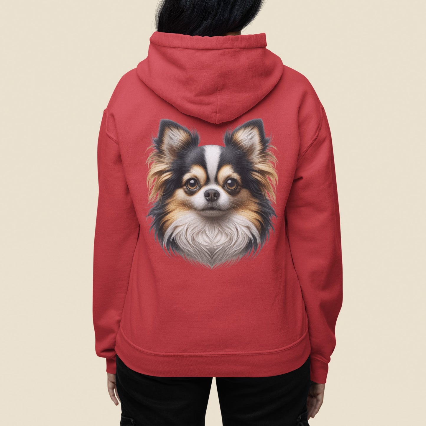 Chihuahua Tricolor Long Coat Realistic Back Print Hoodie