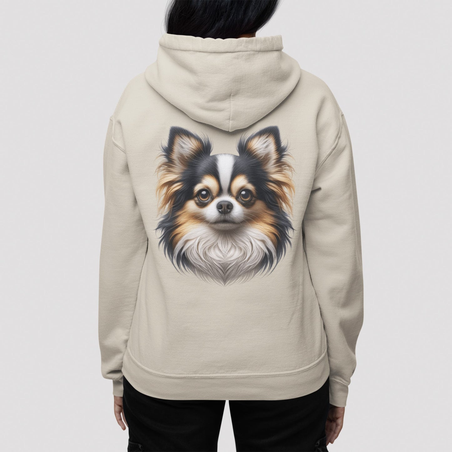 Chihuahua Tricolor Long Coat Realistic Back Print Hoodie