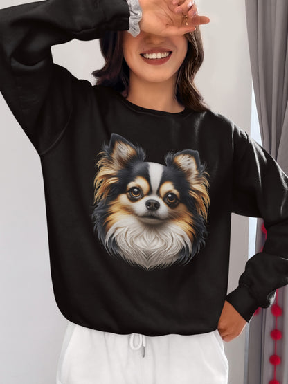Chihuahua Tricolor Long Coat Realistic Design Crewneck Sweatshirt
