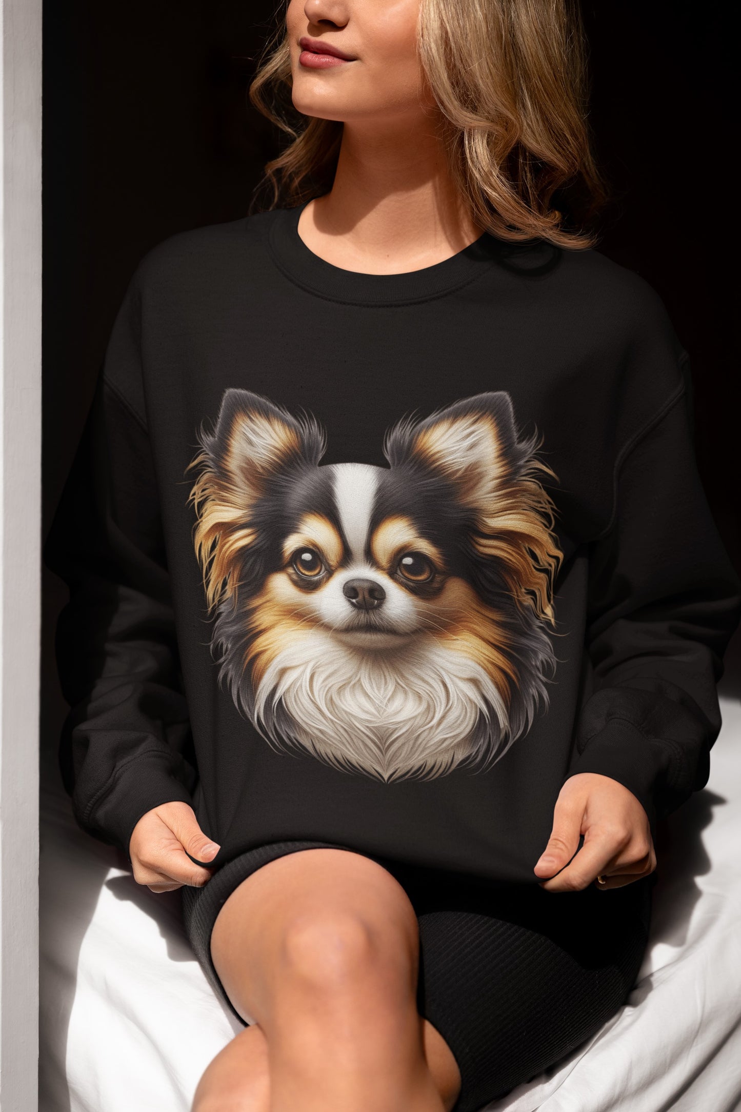 Chihuahua Tricolor Long Coat Realistic Design Crewneck Sweatshirt