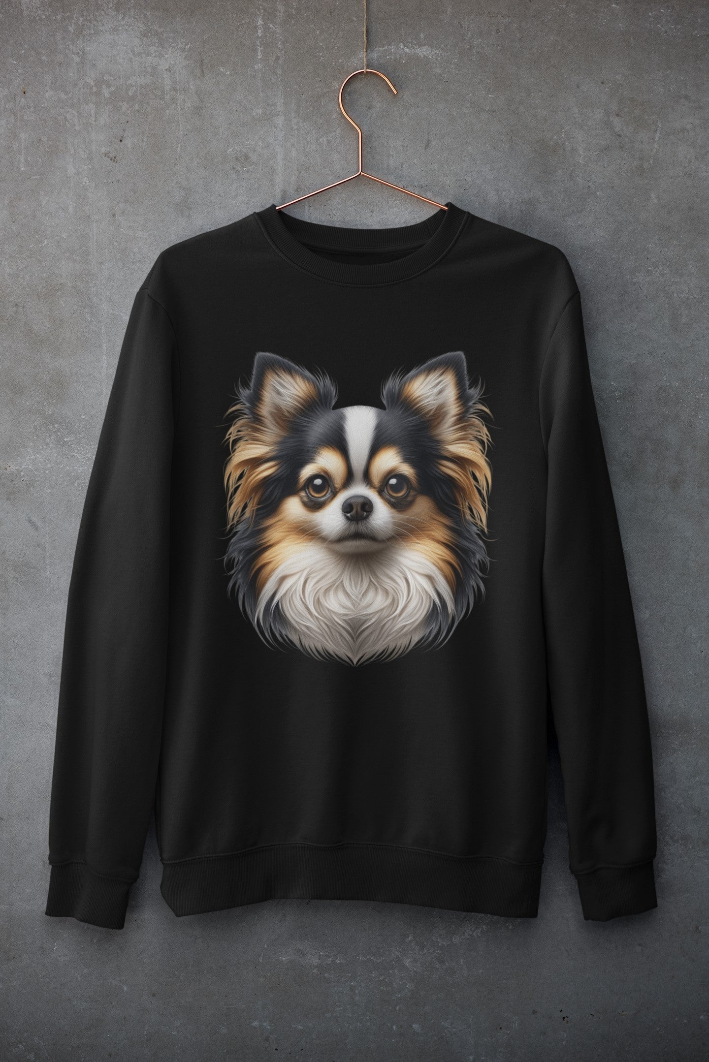 Chihuahua Tricolor Long Coat Realistic Design Crewneck Sweatshirt