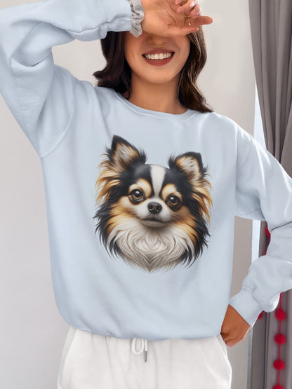 Chihuahua Tricolor Long Coat Realistic Design Crewneck Sweatshirt