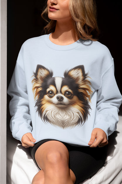 Chihuahua Tricolor Long Coat Realistic Design Crewneck Sweatshirt