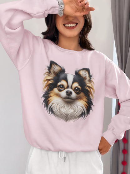 Chihuahua Tricolor Long Coat Realistic Design Crewneck Sweatshirt