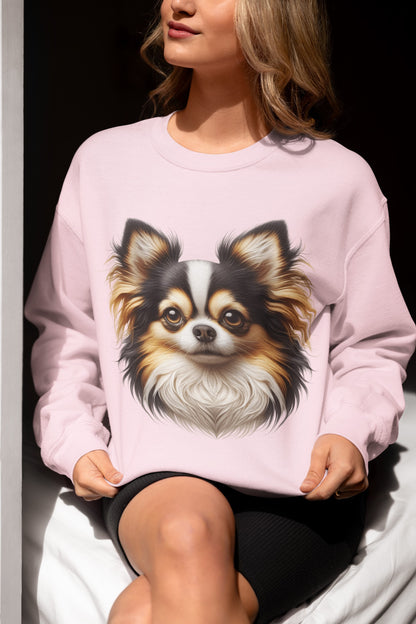 Chihuahua Tricolor Long Coat Realistic Design Crewneck Sweatshirt