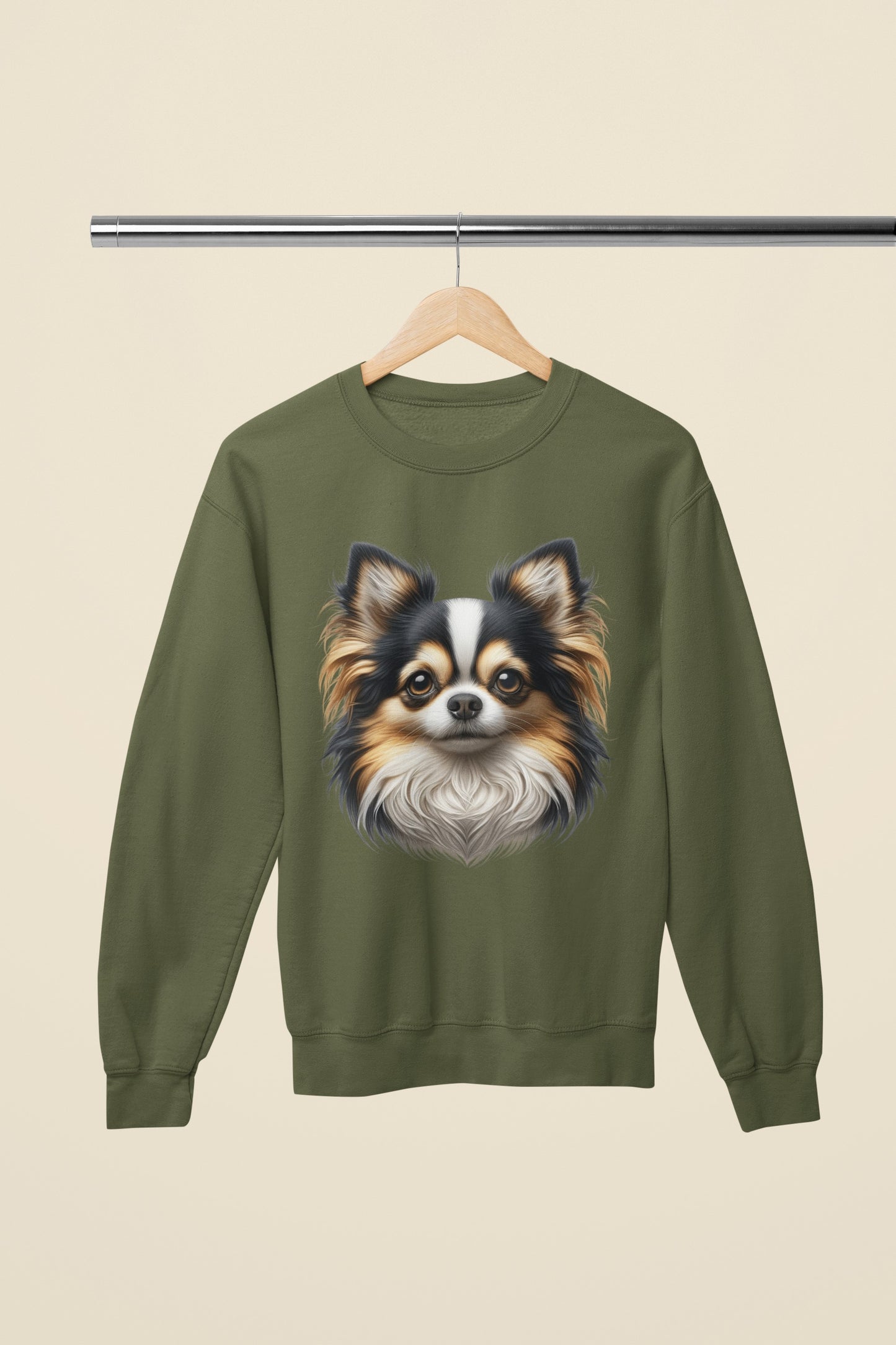 Chihuahua Tricolor Long Coat Realistic Design Crewneck Sweatshirt