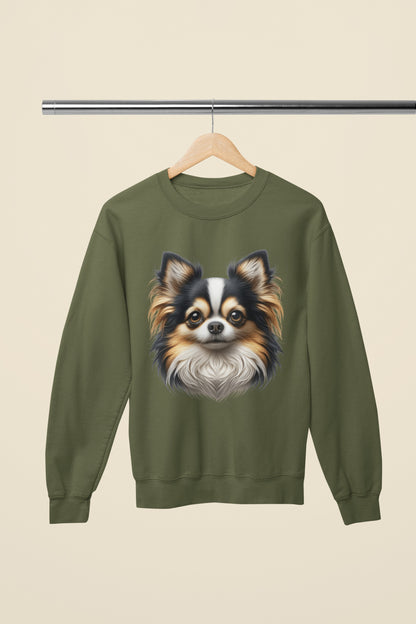 Chihuahua Tricolor Long Coat Realistic Design Crewneck Sweatshirt