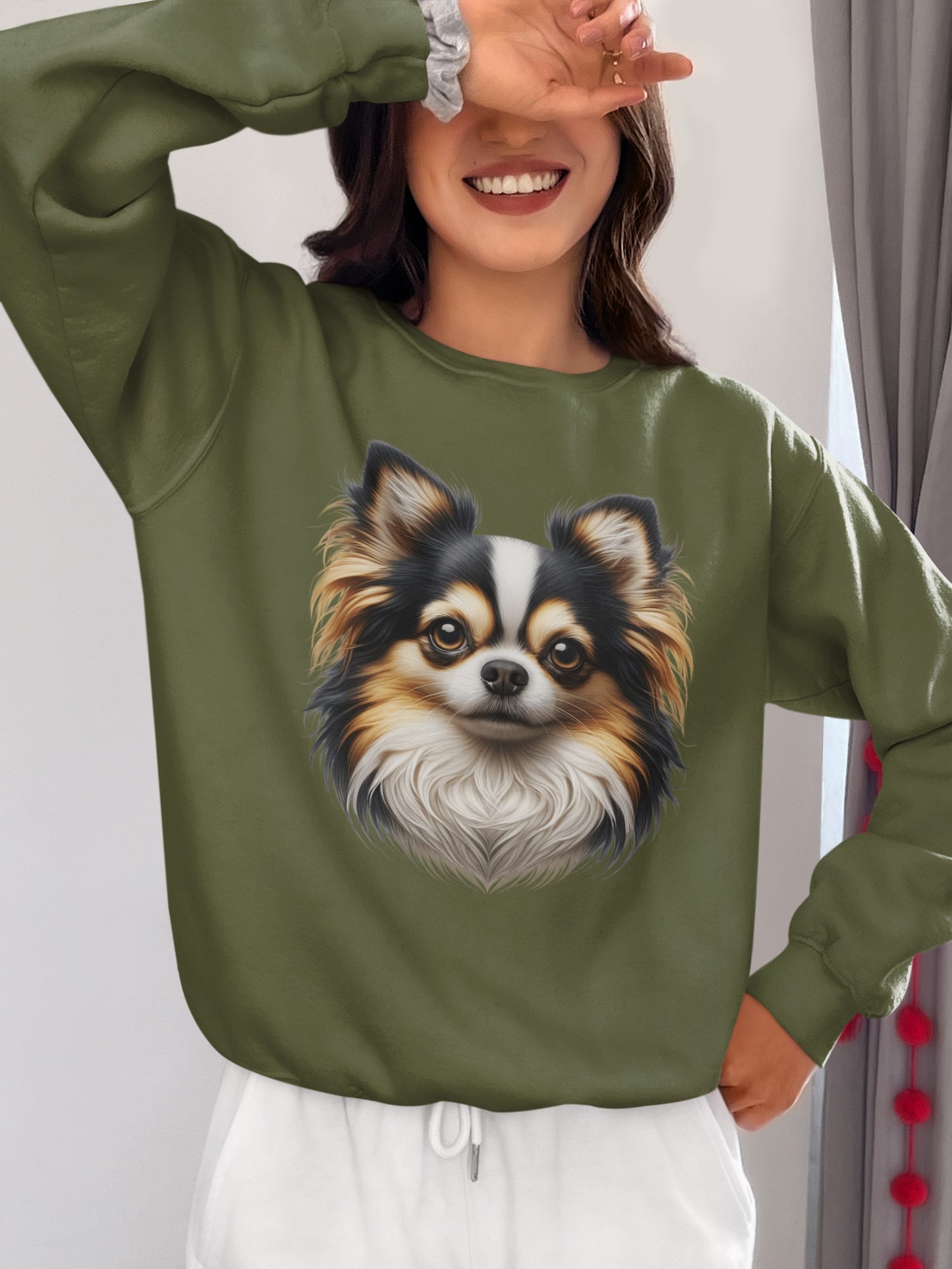 Chihuahua Tricolor Long Coat Realistic Design Crewneck Sweatshirt