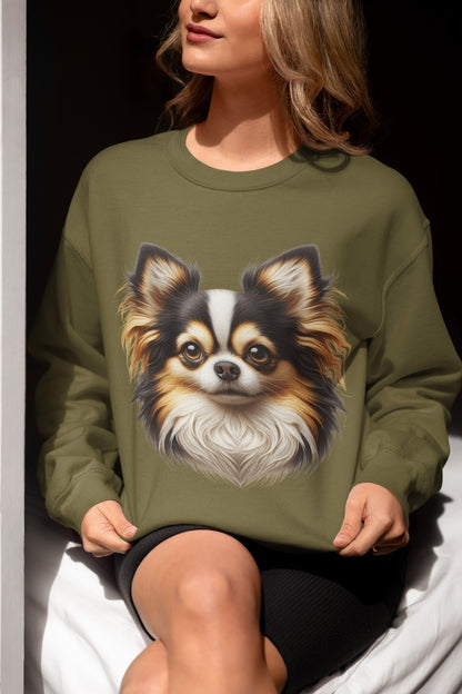 Chihuahua Tricolor Long Coat Realistic Design Crewneck Sweatshirt