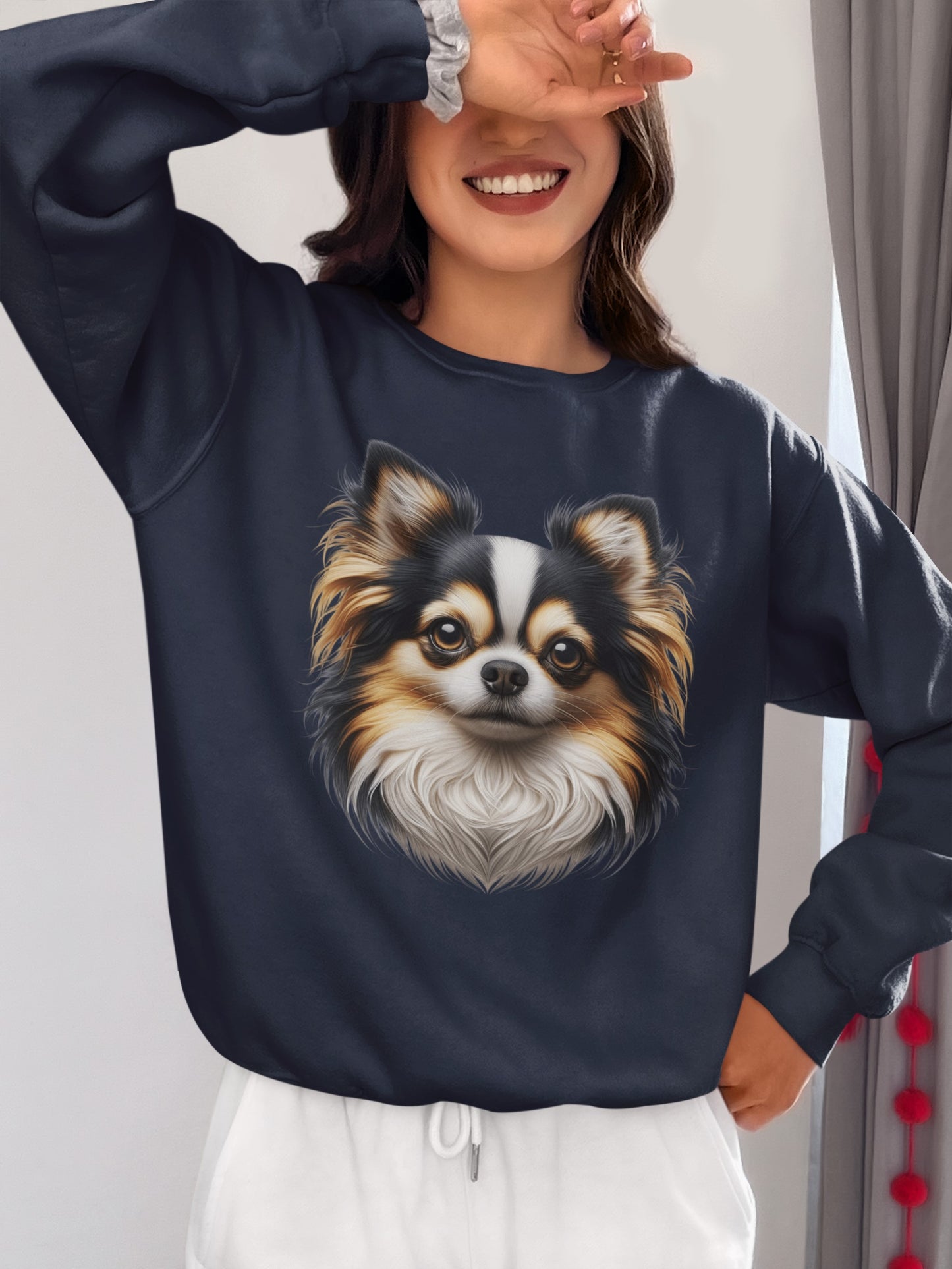 Chihuahua Tricolor Long Coat Realistic Design Crewneck Sweatshirt