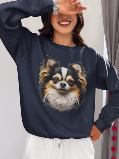 Chihuahua Tricolor Long Coat Realistic Design Crewneck Sweatshirt
