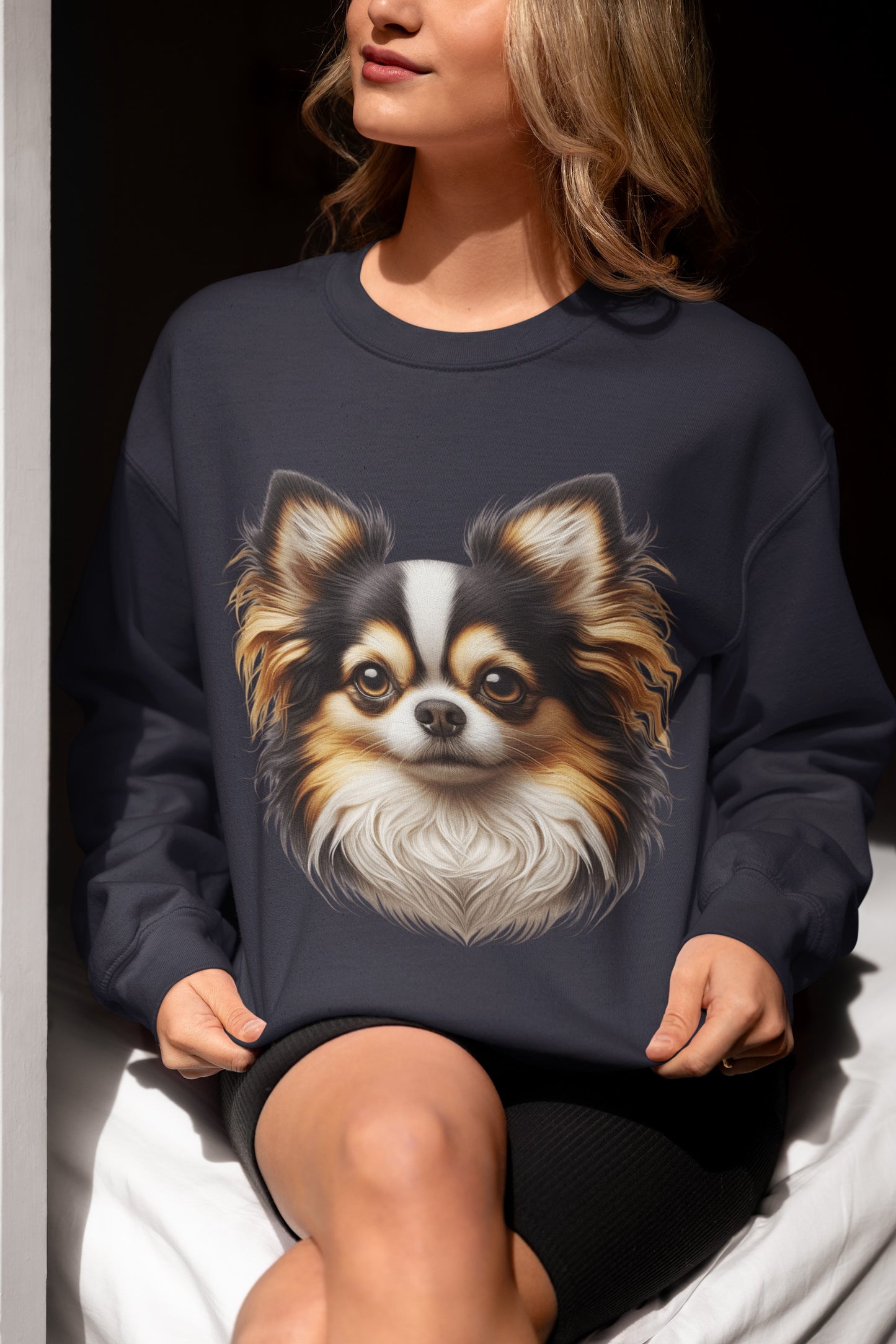Chihuahua Tricolor Long Coat Realistic Design Crewneck Sweatshirt