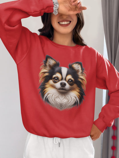 Chihuahua Tricolor Long Coat Realistic Design Crewneck Sweatshirt