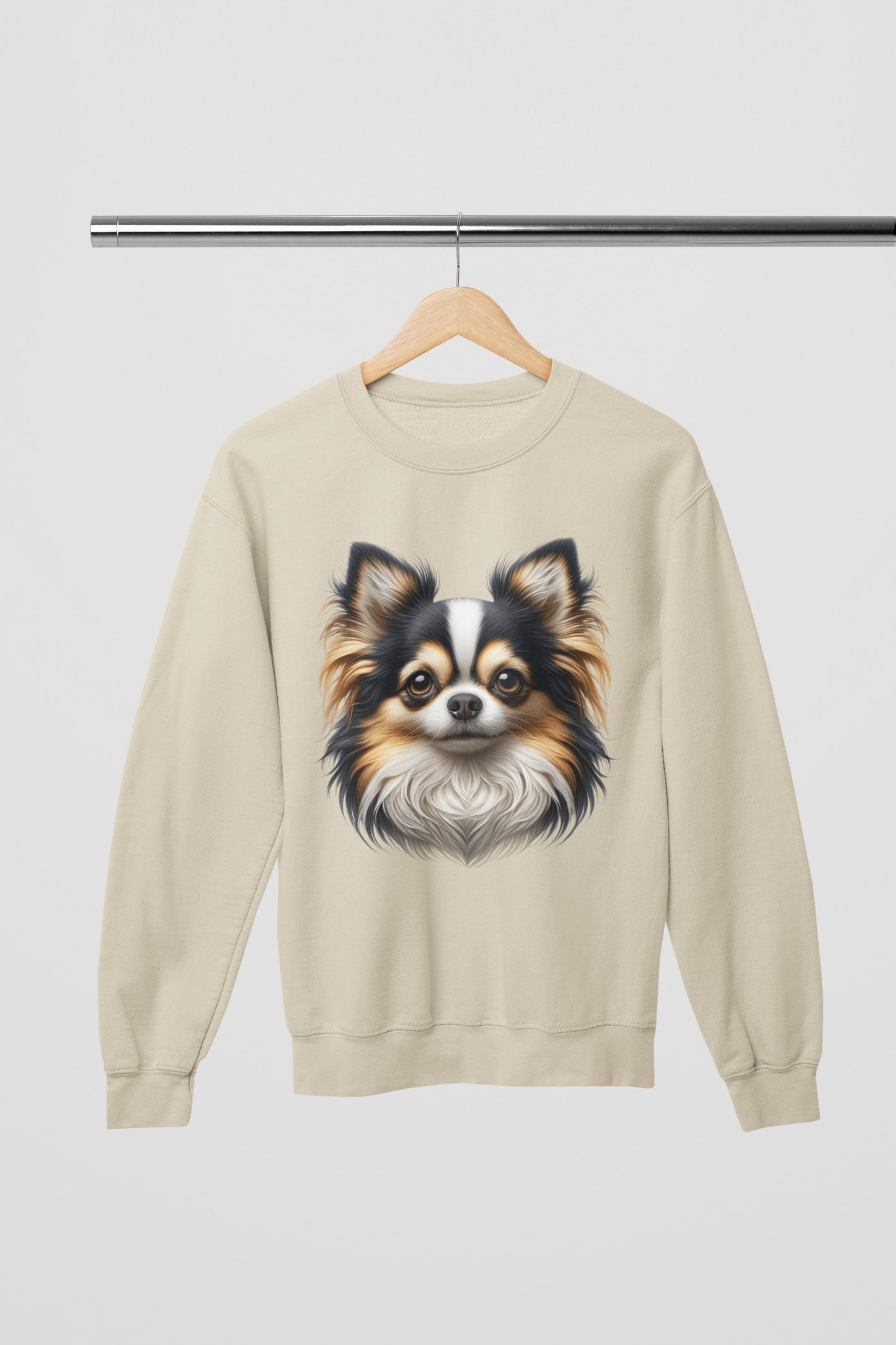 Chihuahua Tricolor Long Coat Realistic Design Crewneck Sweatshirt