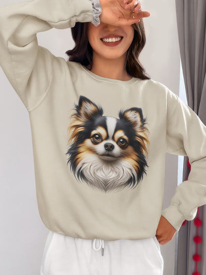 Chihuahua Tricolor Long Coat Realistic Design Crewneck Sweatshirt