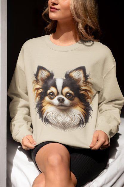 Chihuahua Tricolor Long Coat Realistic Design Crewneck Sweatshirt