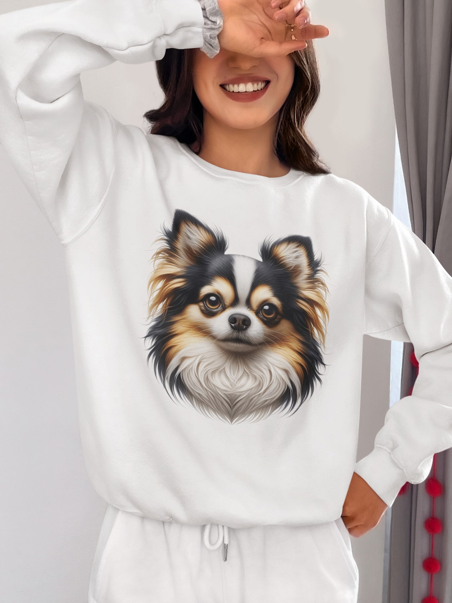 Chihuahua Tricolor Long Coat Realistic Design Crewneck Sweatshirt