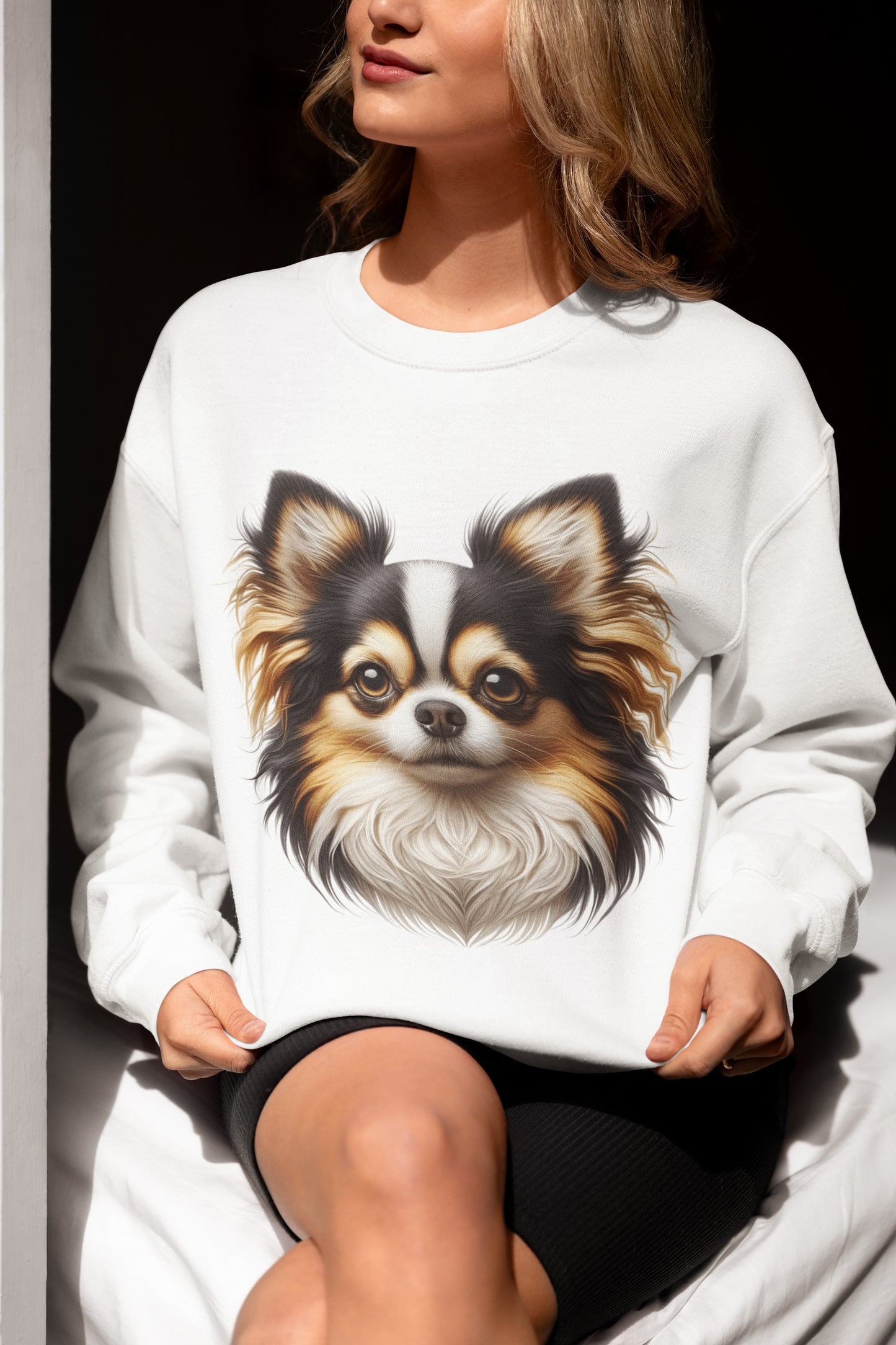 Chihuahua Tricolor Long Coat Realistic Design Crewneck Sweatshirt