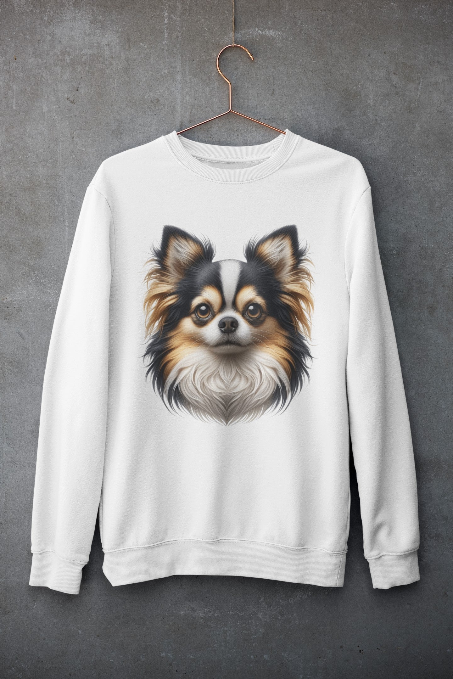 Chihuahua Tricolor Long Coat Realistic Design Crewneck Sweatshirt