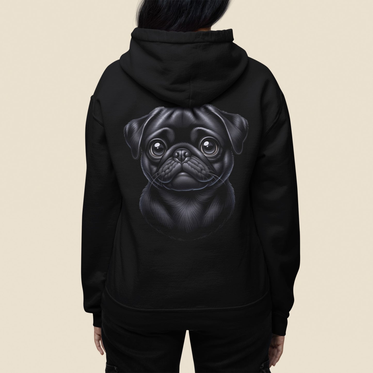 Pug Black Cartoon Back Print Hoodie