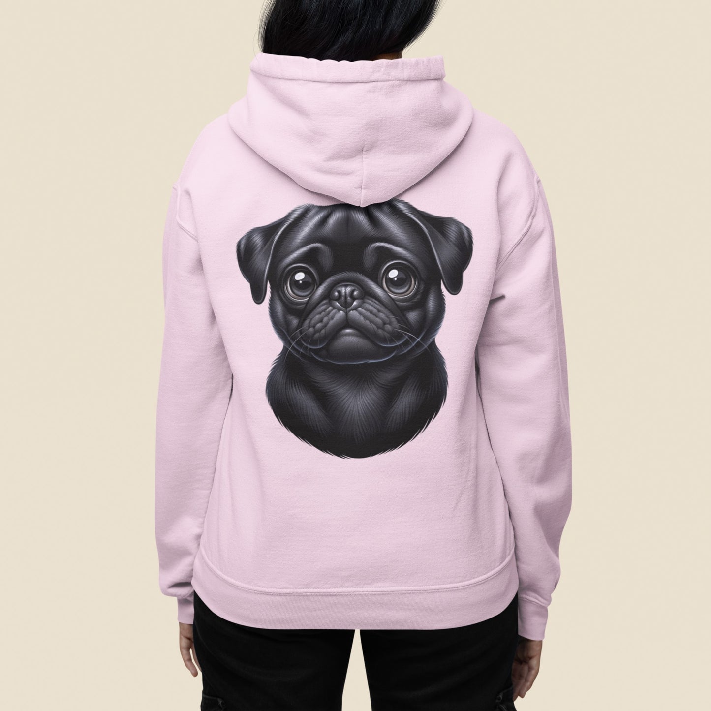 Pug Black Cartoon Back Print Hoodie