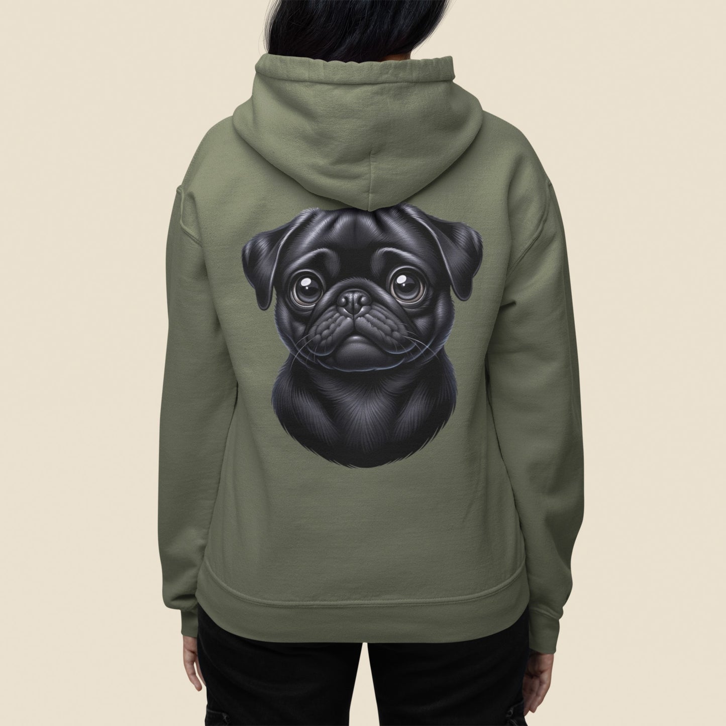 Pug Black Cartoon Back Print Hoodie