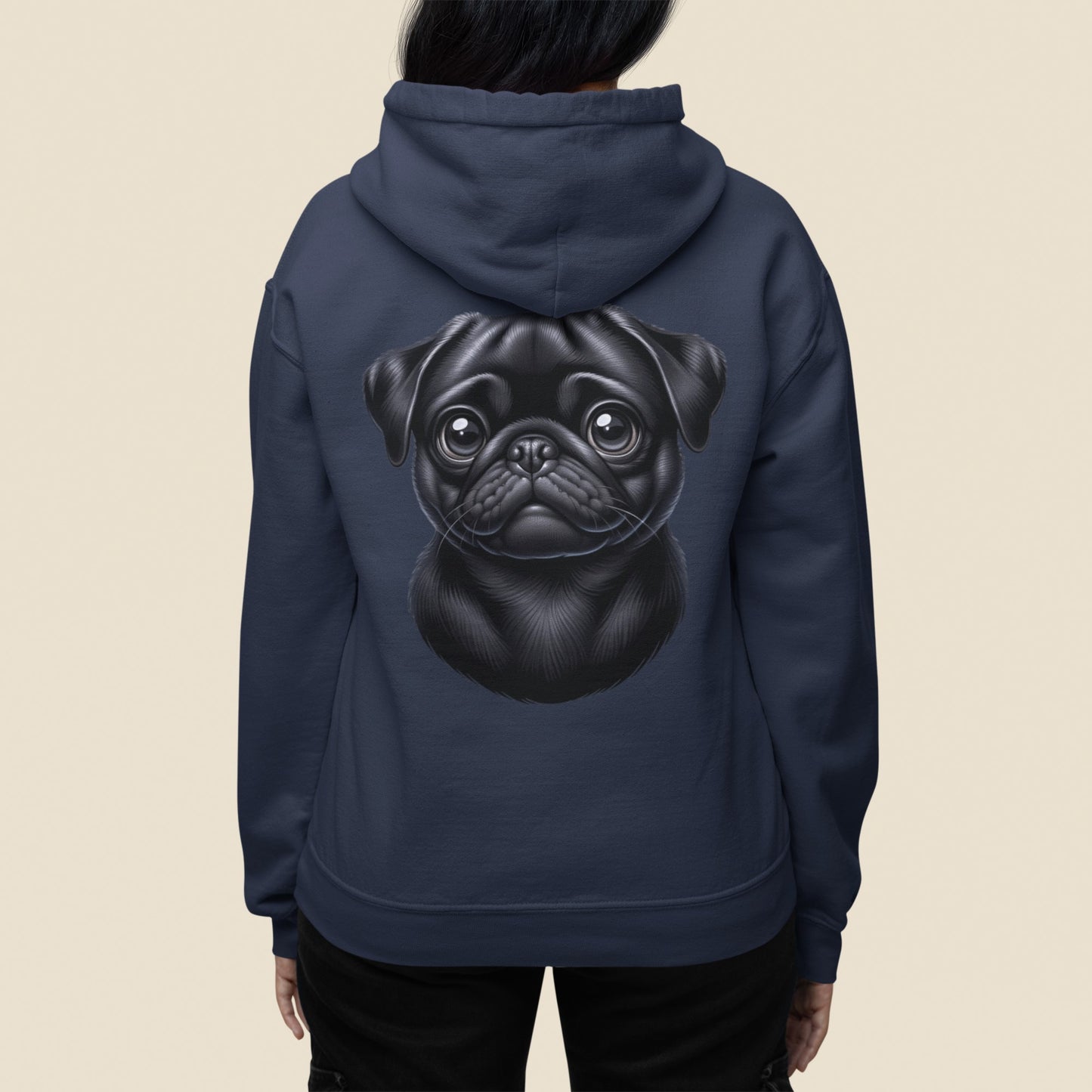 Pug Black Cartoon Back Print Hoodie