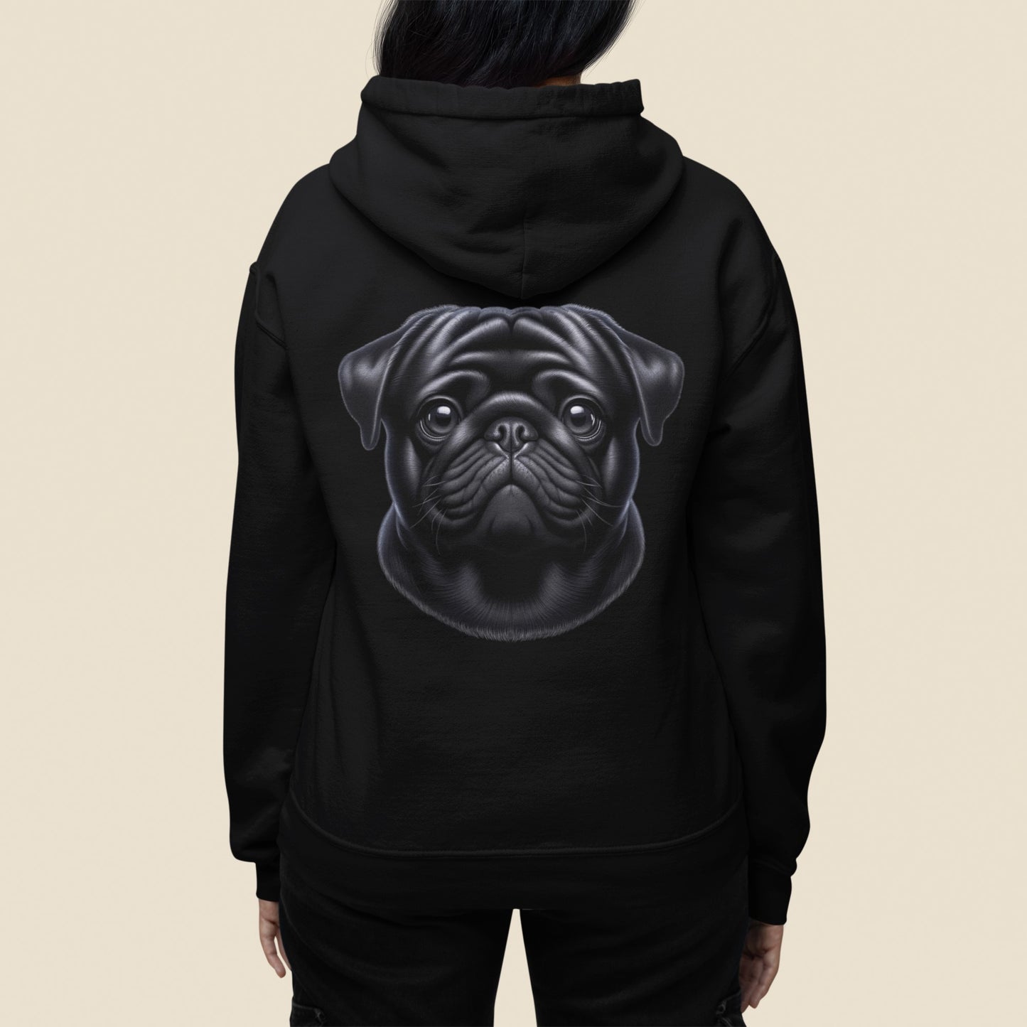 Pug Black Realistic Back Print Hoodie