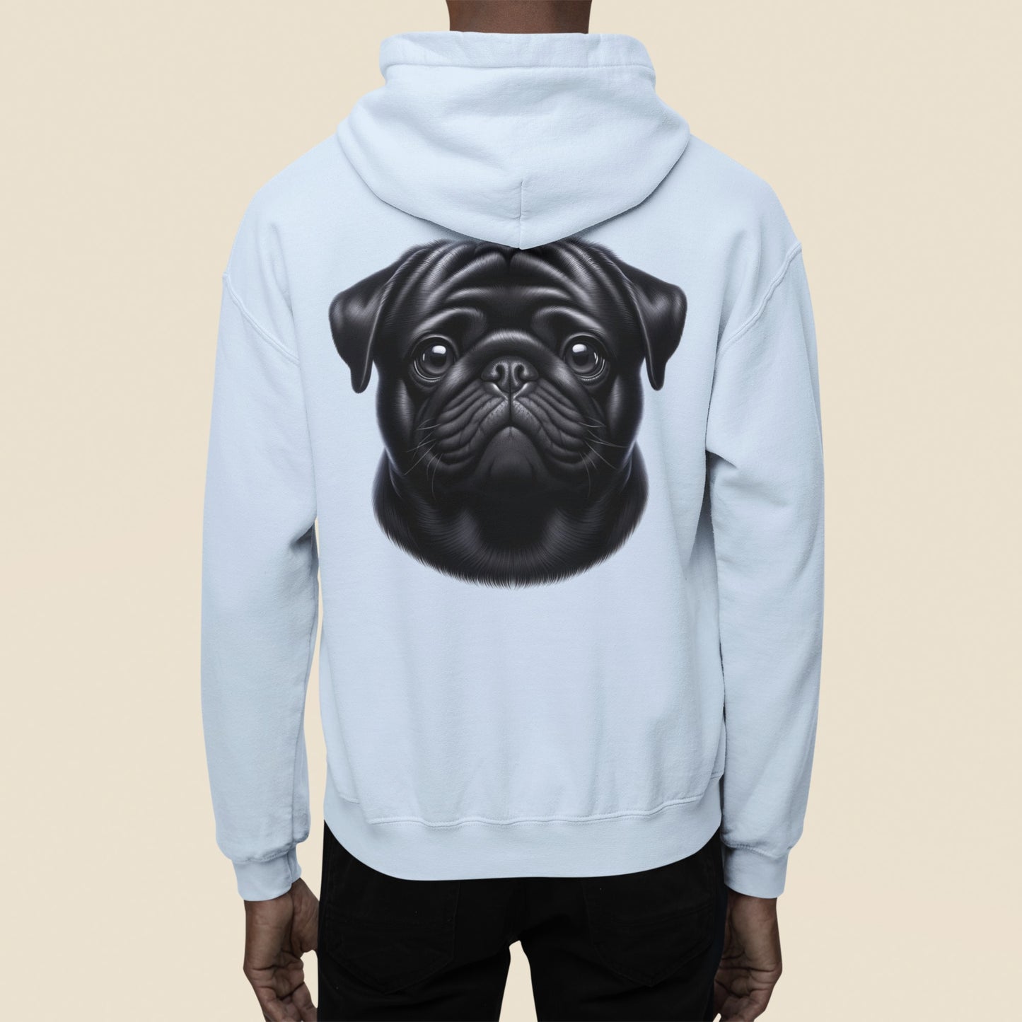 Pug Black Realistic Back Print Hoodie