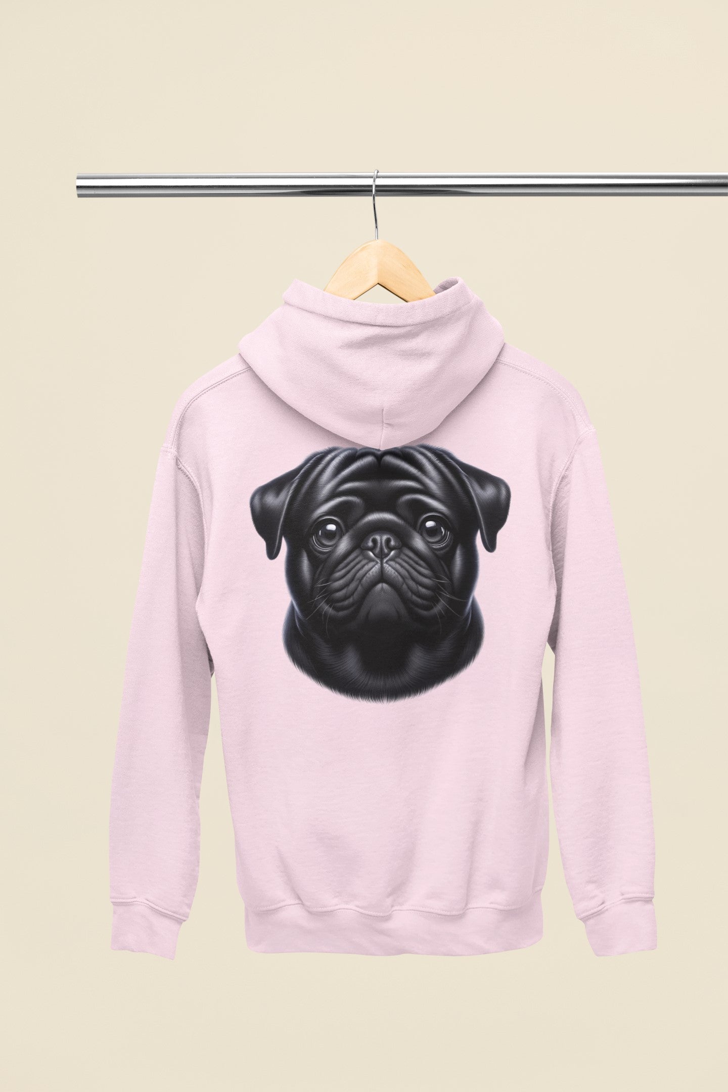 Pug Black Realistic Back Print Hoodie