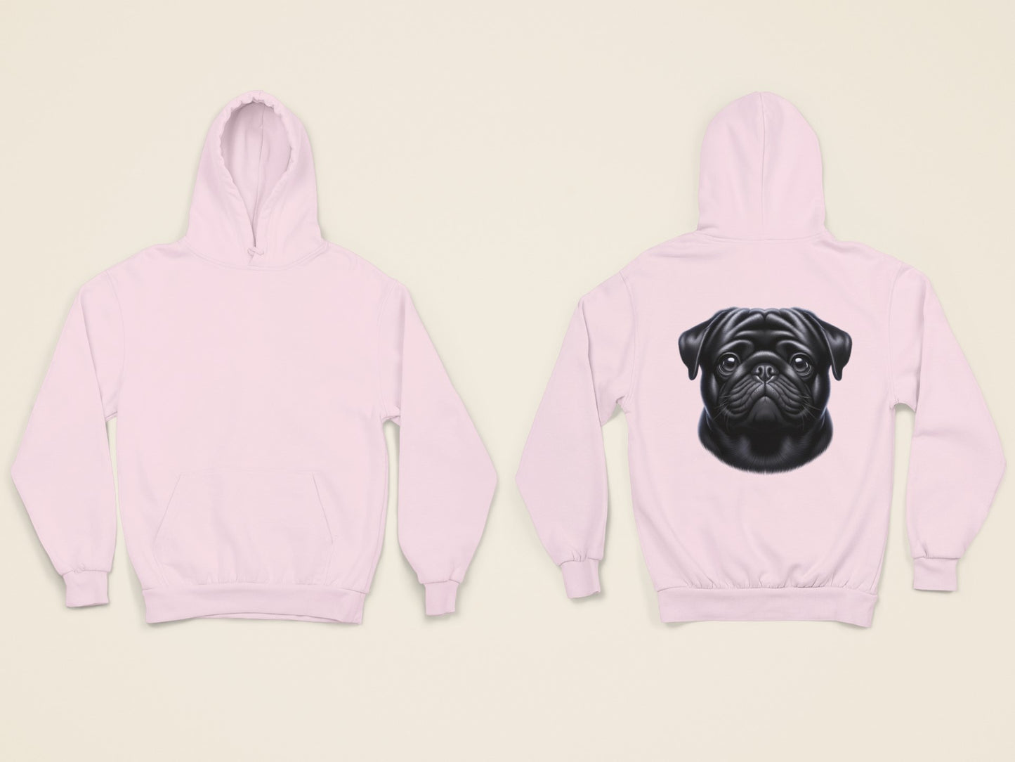 Pug Black Realistic Back Print Hoodie