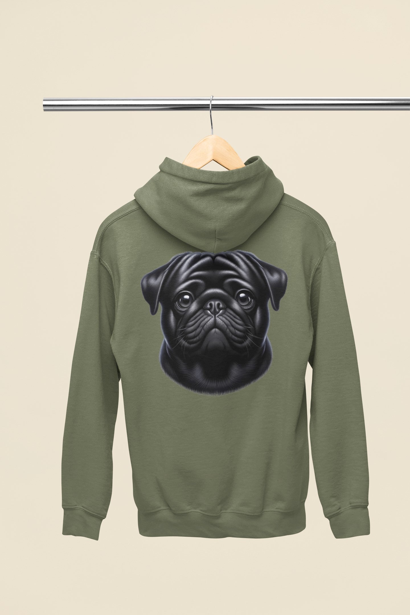 Pug Black Realistic Back Print Hoodie