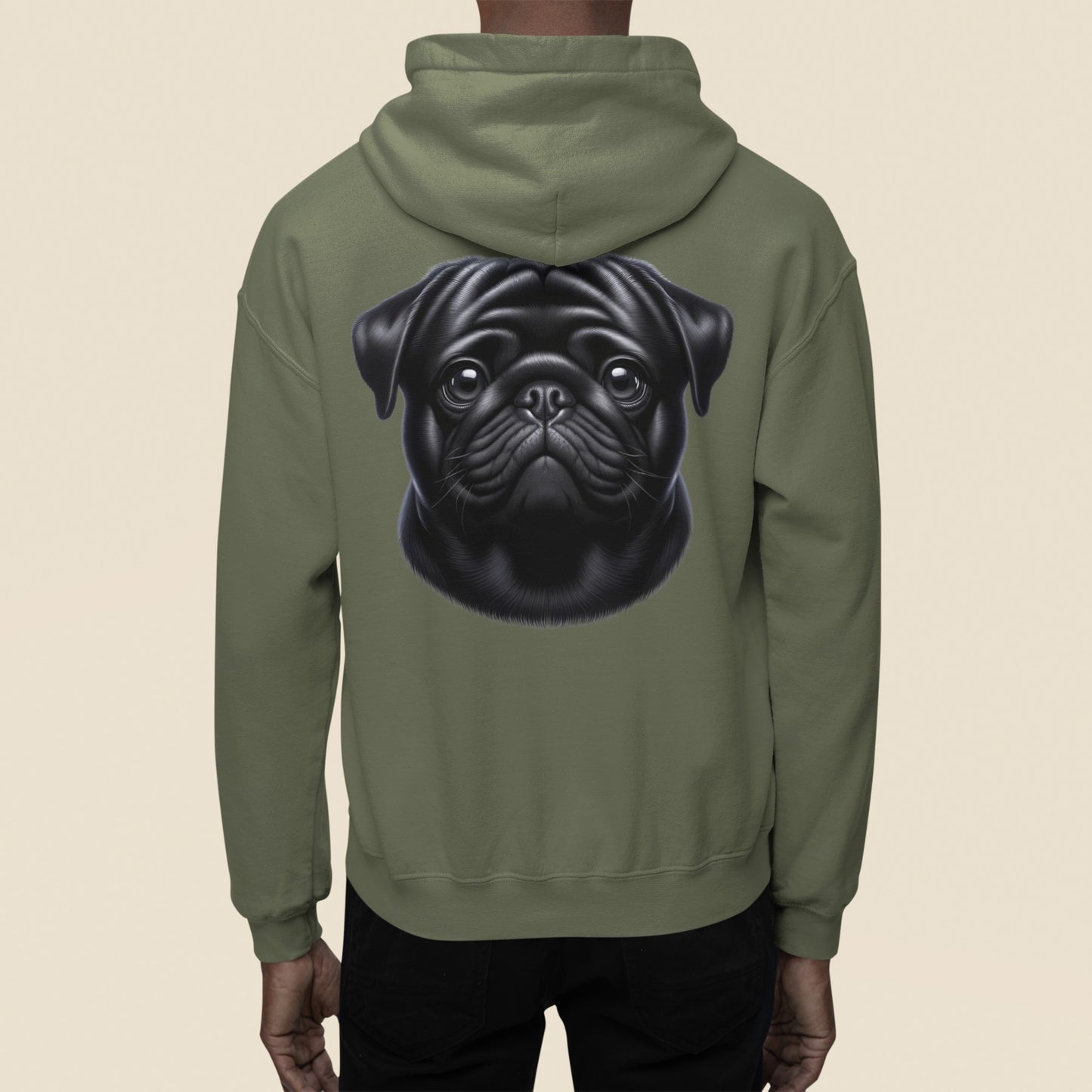 Pug Black Realistic Back Print Hoodie