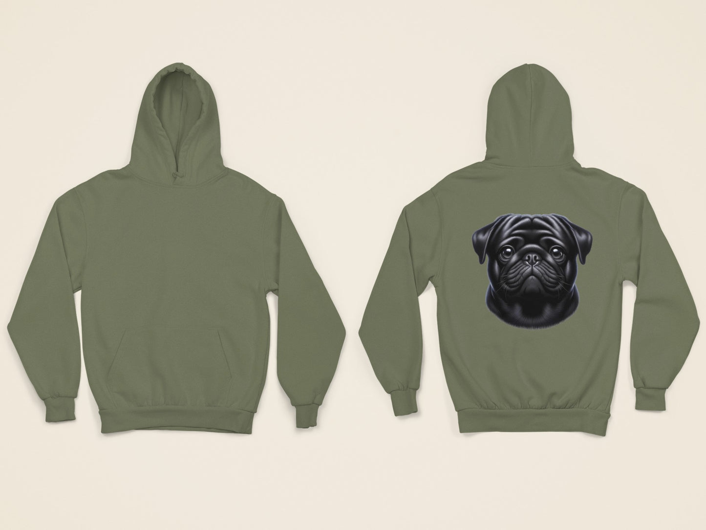 Pug Black Realistic Back Print Hoodie