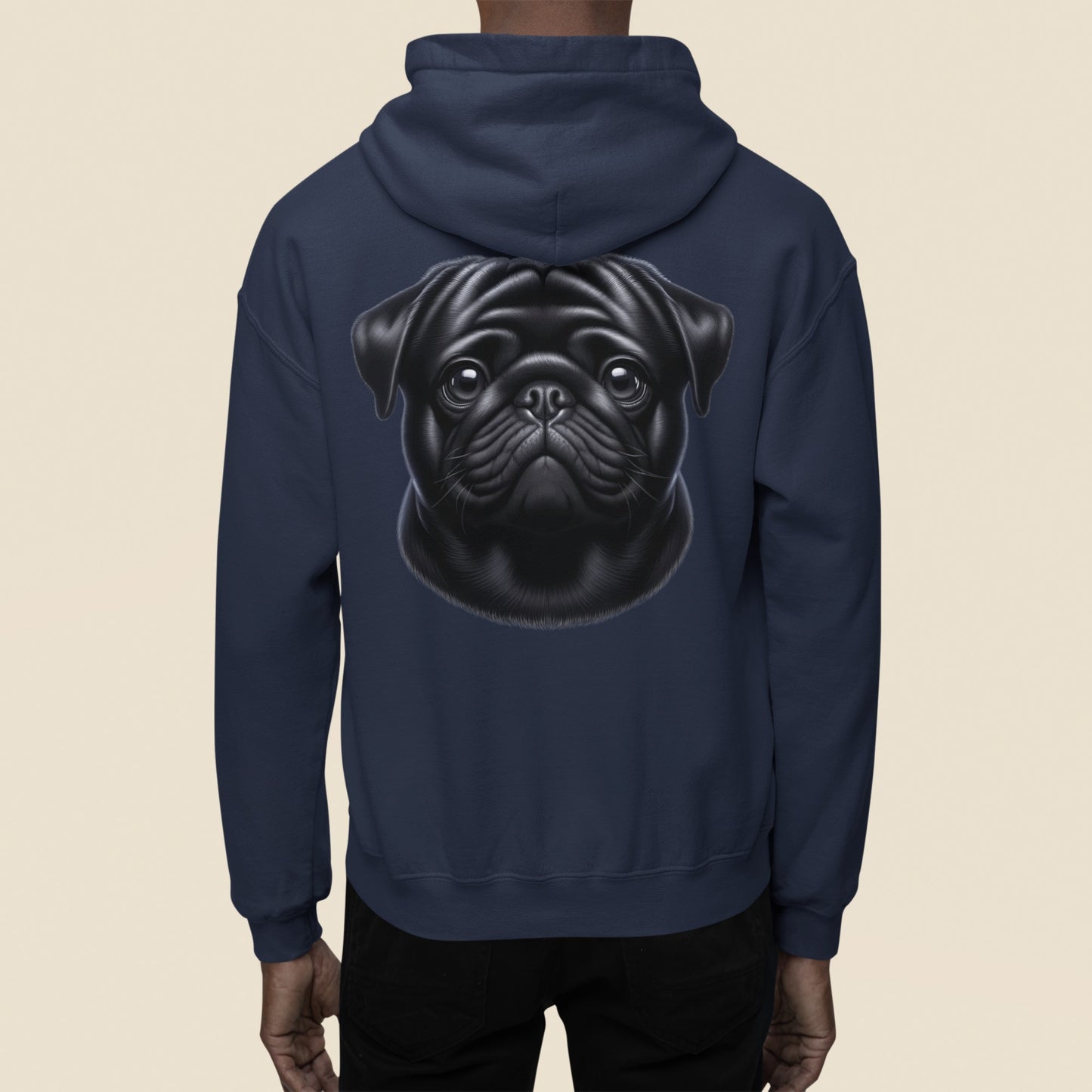 Pug Black Realistic Back Print Hoodie