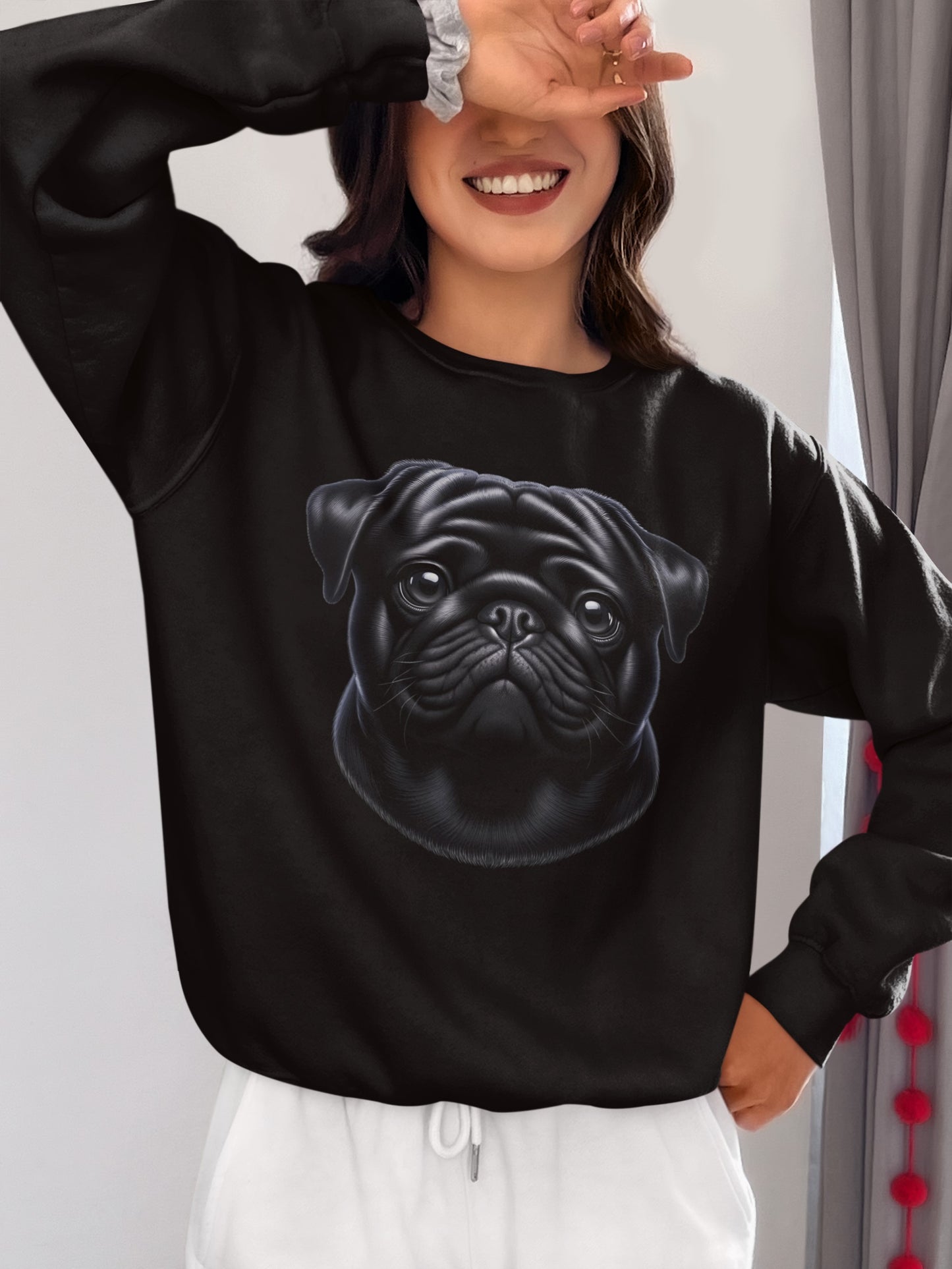 Pug Black Realistic Design Crewneck Sweatshirt