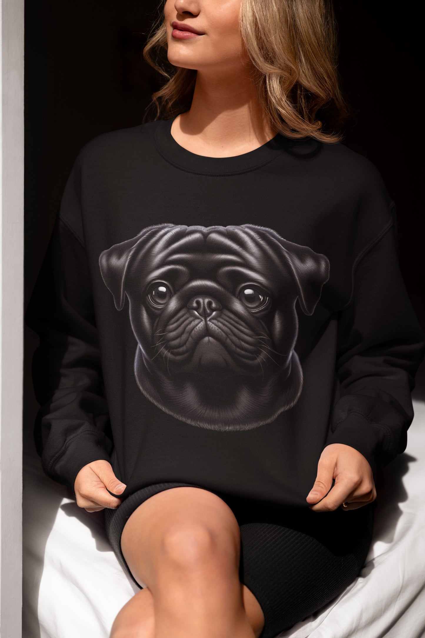 Pug Black Realistic Design Crewneck Sweatshirt