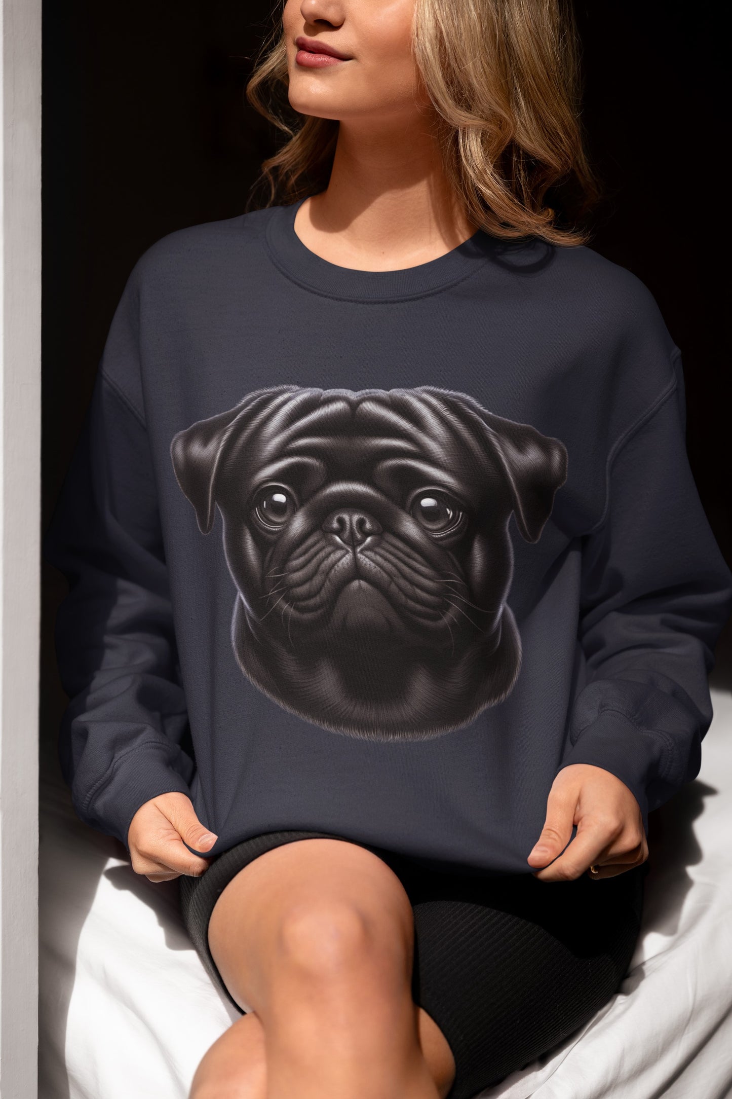 Pug Black Realistic Design Crewneck Sweatshirt