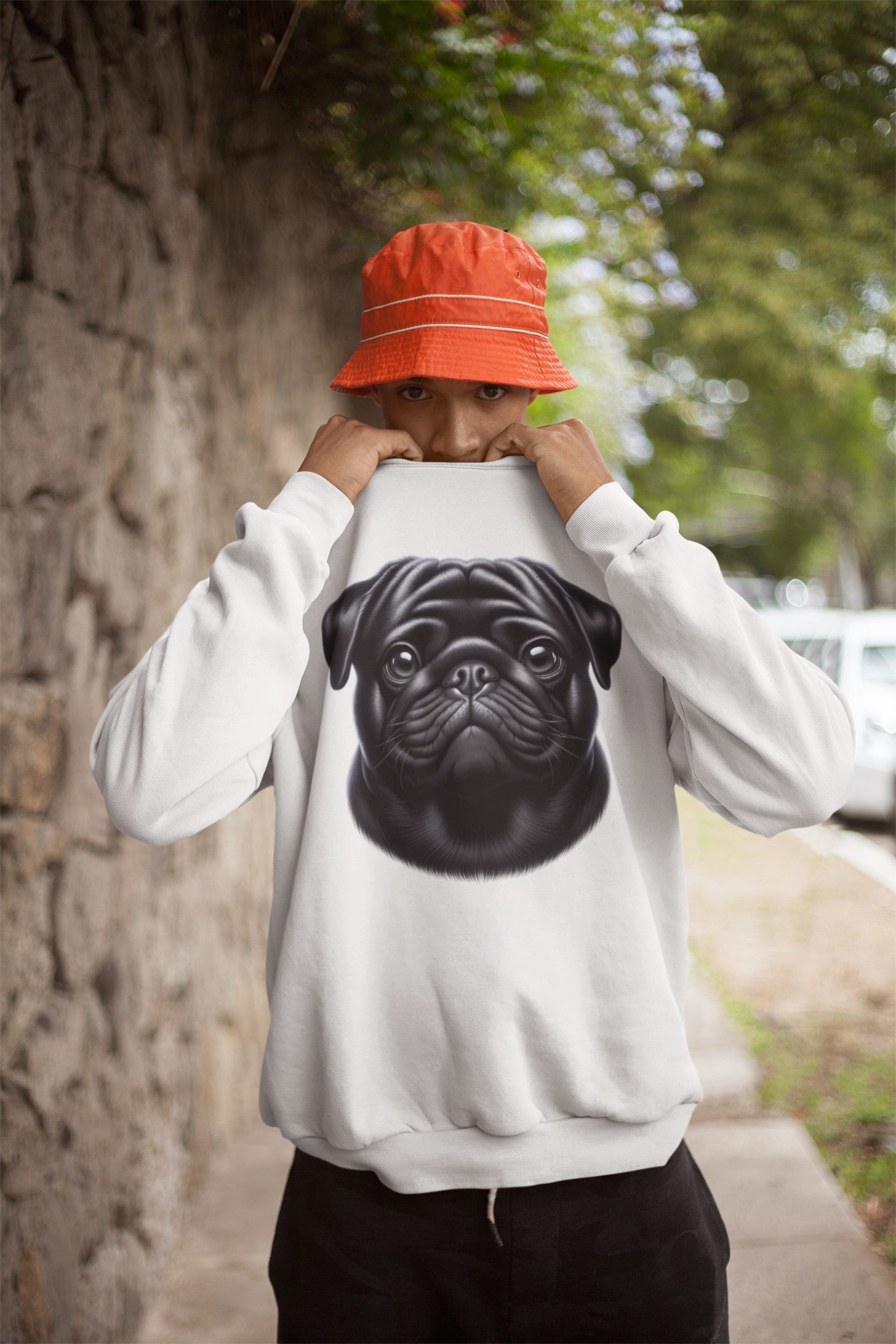 Pug Black Realistic Design Crewneck Sweatshirt