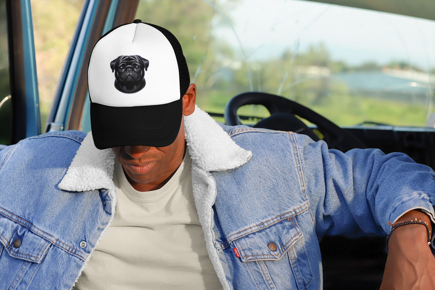 Pug Black Realistic Portrait Trucker Caps