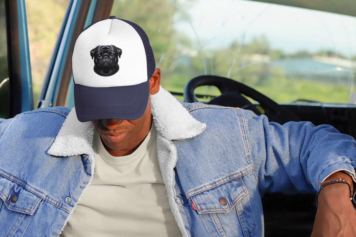 Pug Black Realistic Portrait Trucker Caps